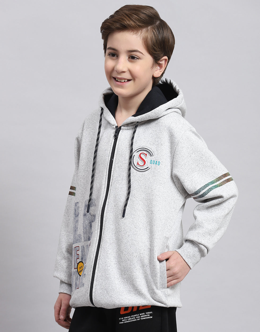 Boys Grey Melange Printed Hooded Full Sleeve Sweatshirt