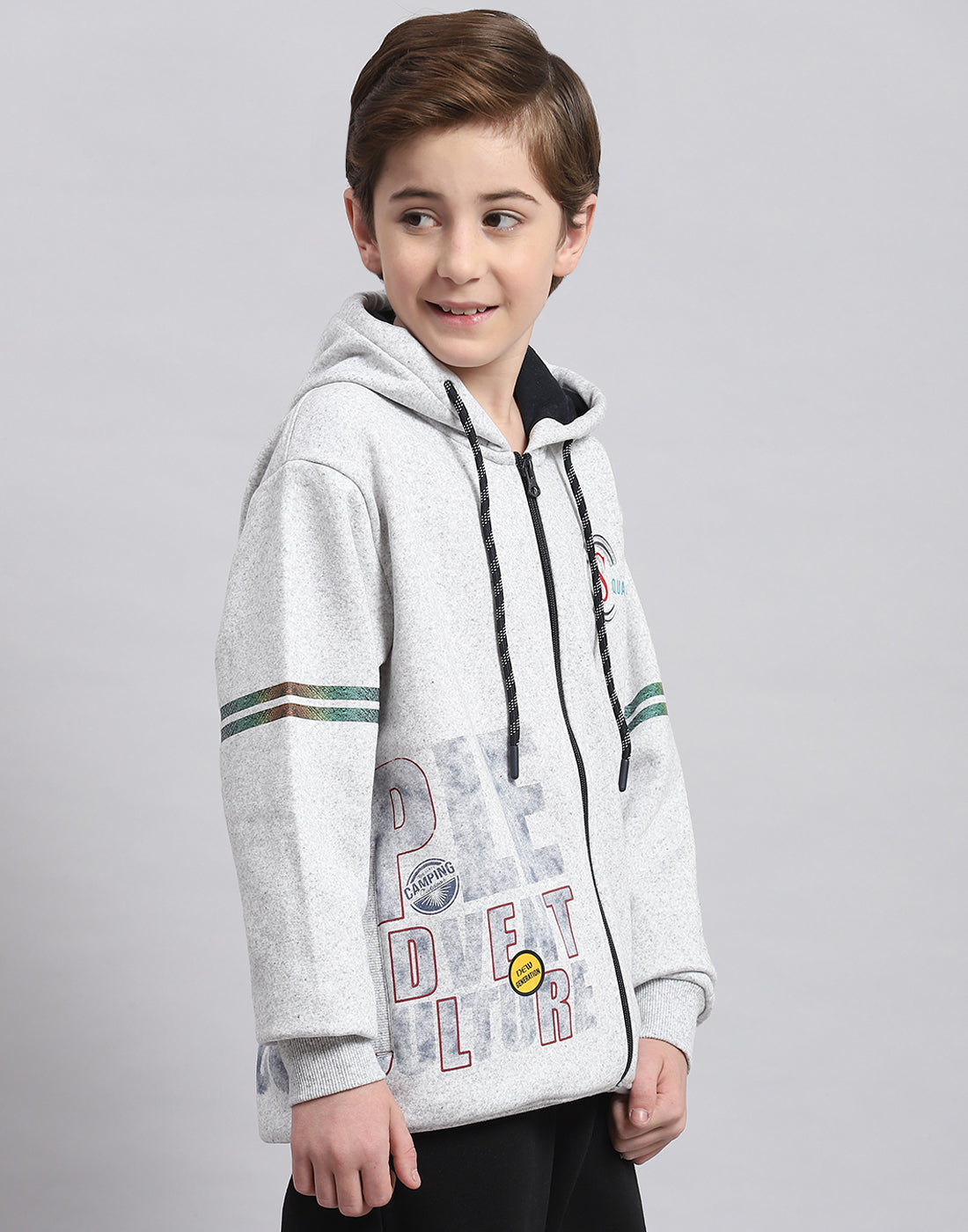 Boys Grey Melange Printed Hooded Full Sleeve Sweatshirt