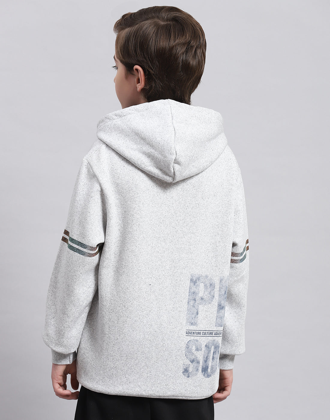 Boys Grey Melange Printed Hooded Full Sleeve Sweatshirt