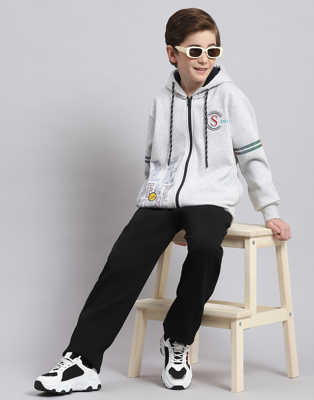 Boys Grey Melange Printed Hooded Full Sleeve Sweatshirt