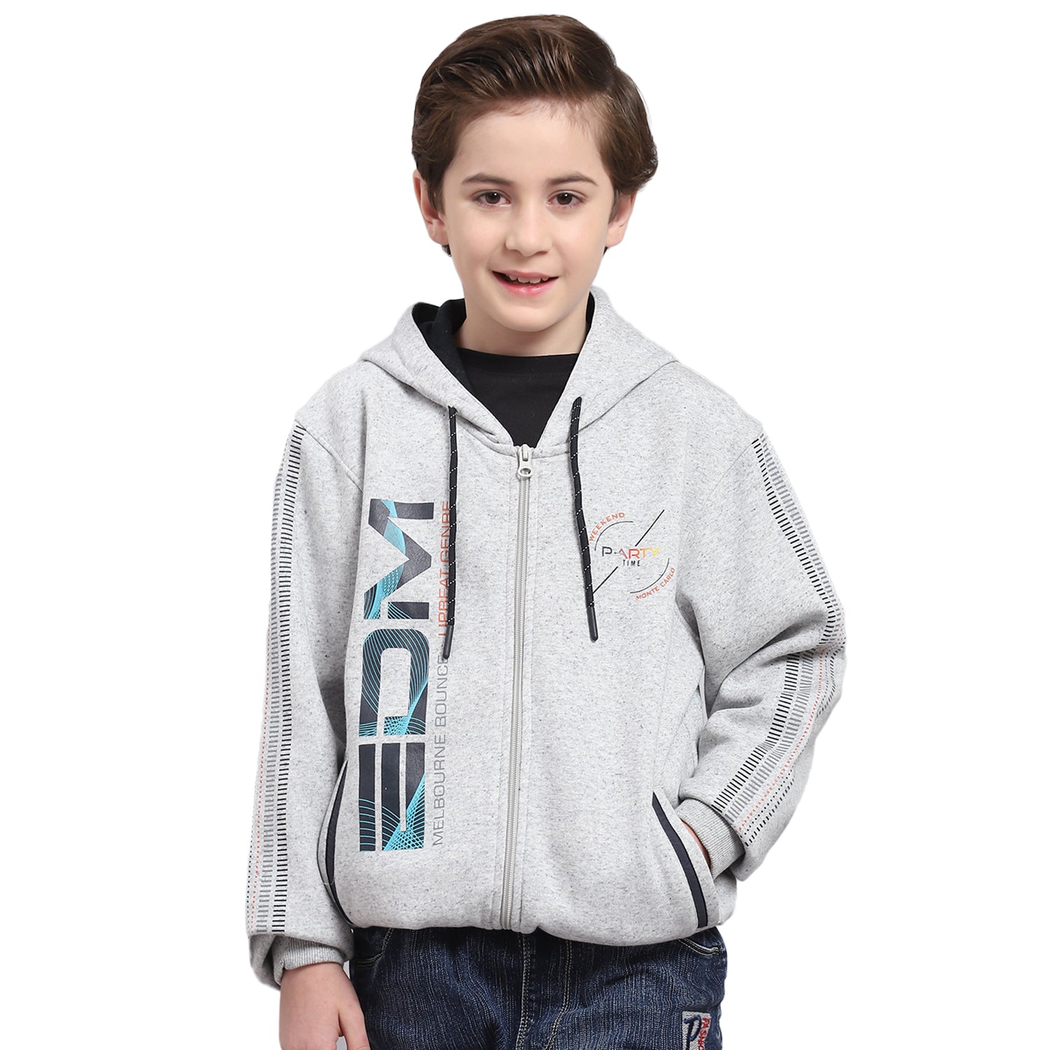 Boys Grey Melange Printed Hooded Full Sleeve Sweatshirt