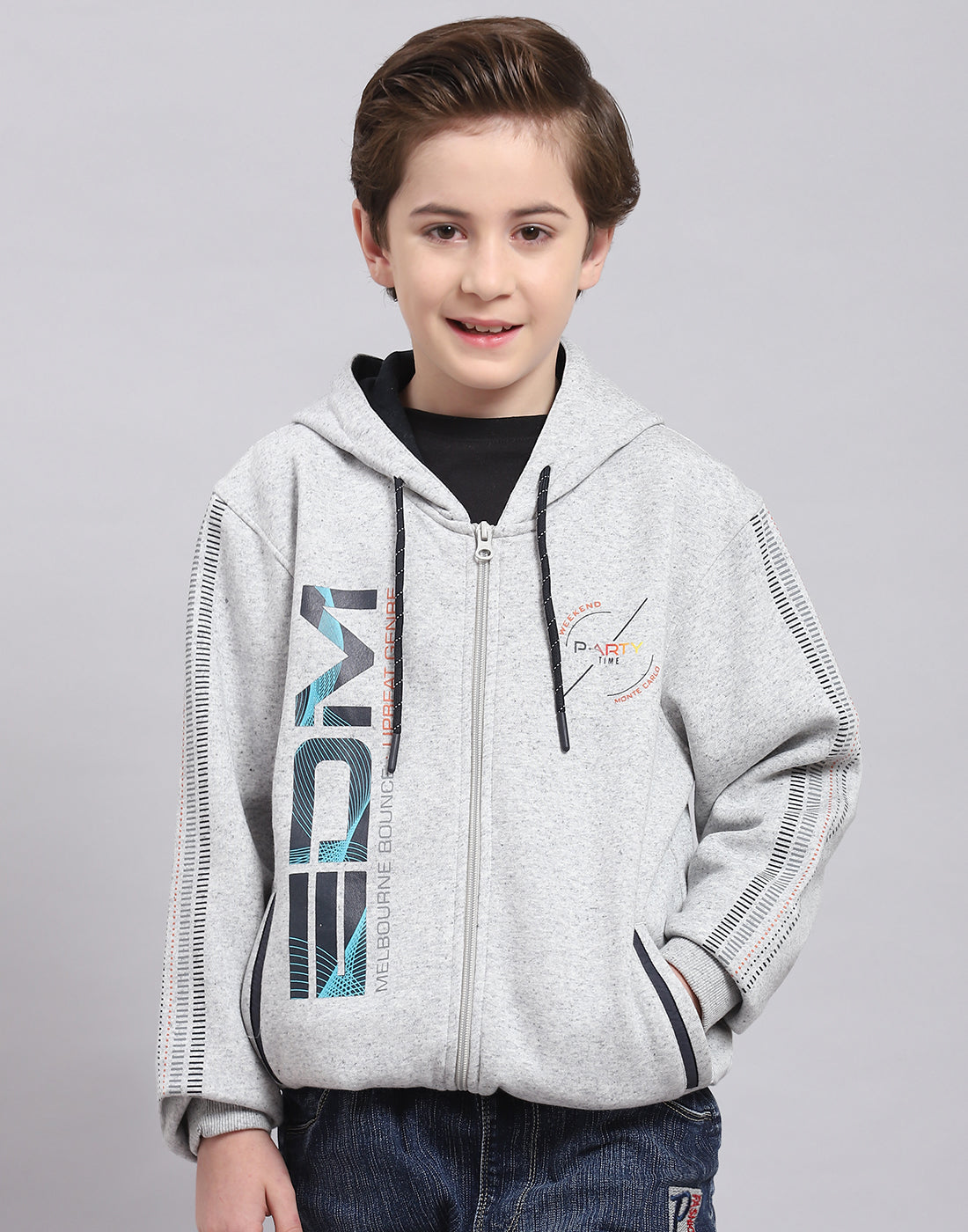 Boys Grey Melange Printed Hooded Full Sleeve Sweatshirt