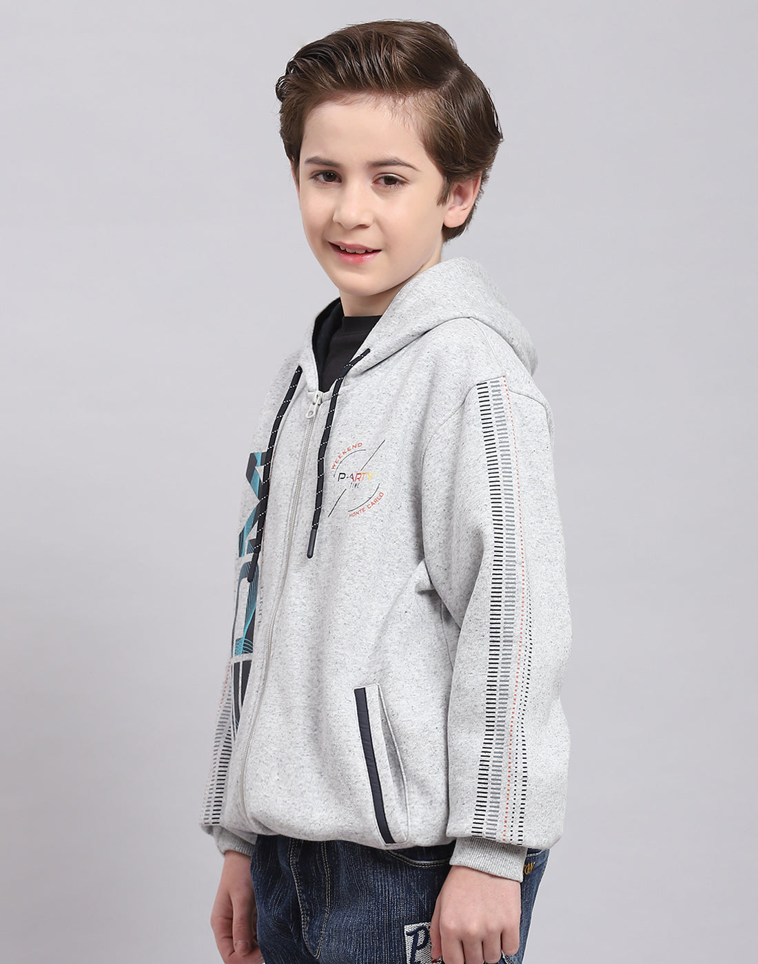 Boys Grey Melange Printed Hooded Full Sleeve Sweatshirt