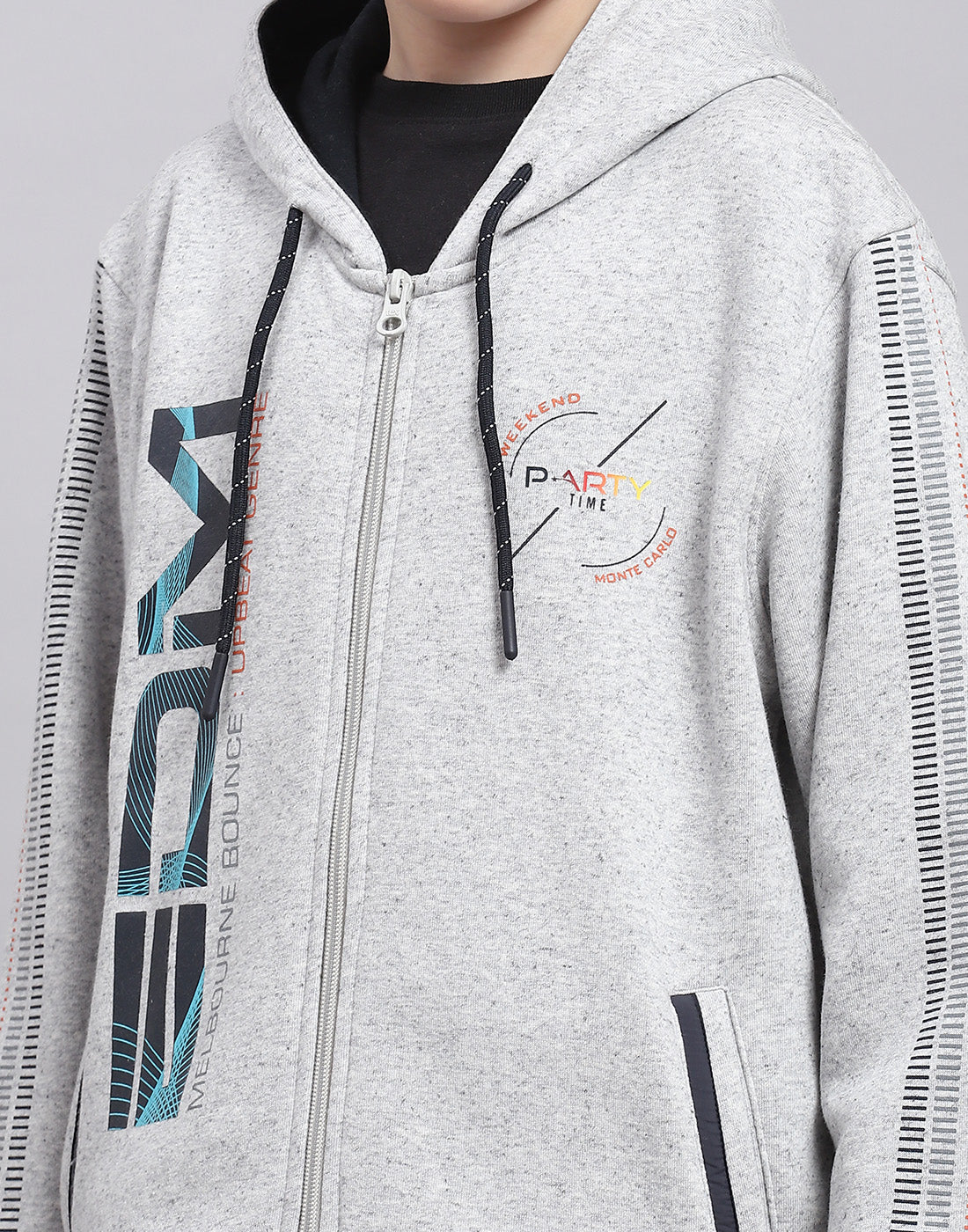 Boys Grey Melange Printed Hooded Full Sleeve Sweatshirt