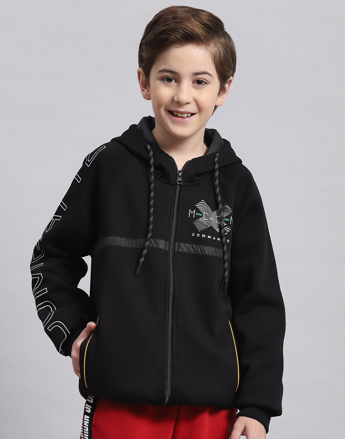 Boys Black Printed Hooded Full Sleeve Sweatshirt