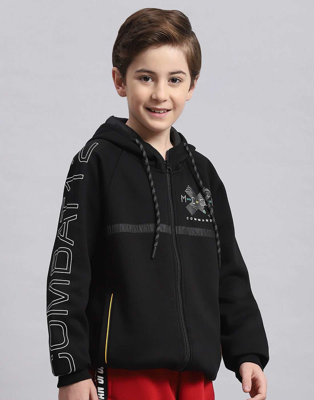 Boys Black Printed Hooded Full Sleeve Sweatshirt