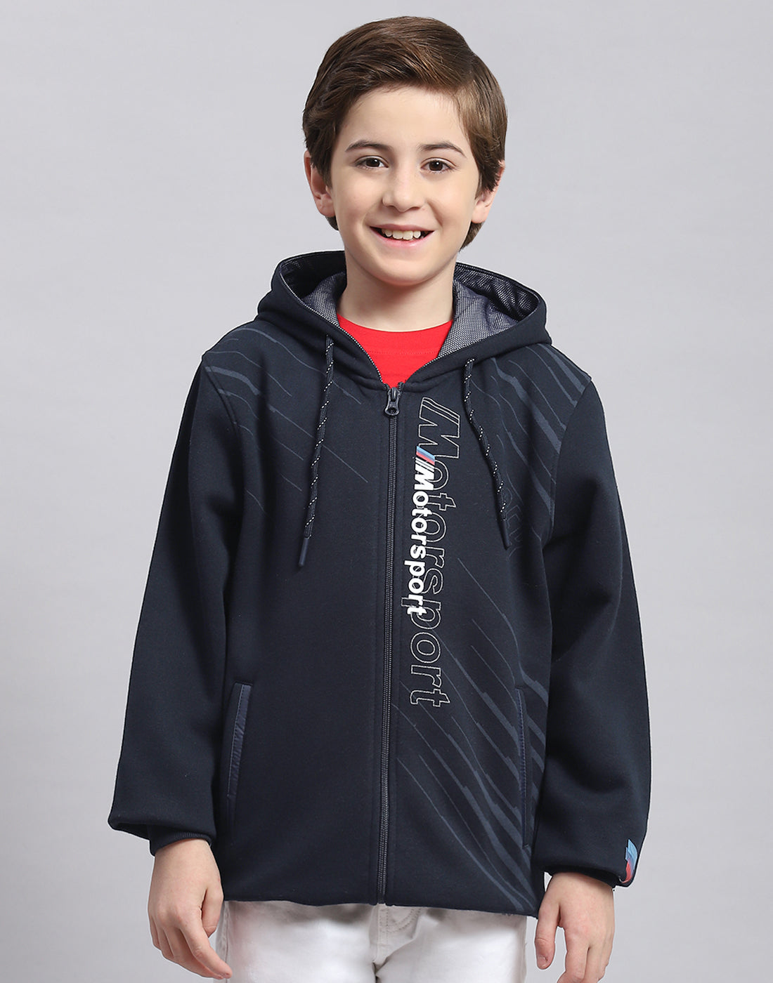 Boys Navy Blue Printed Hooded Full Sleeve Sweatshirt