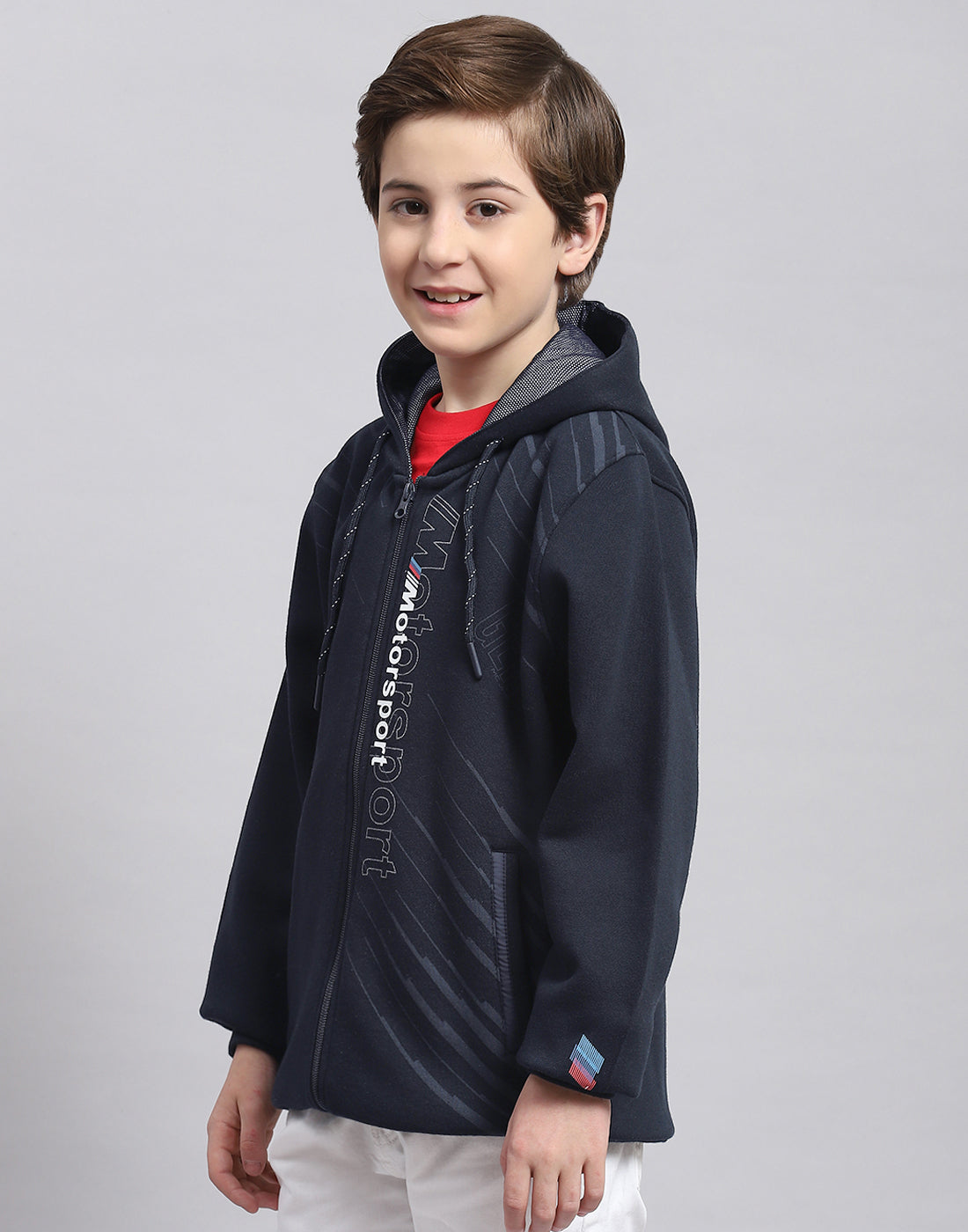 Boys Navy Blue Printed Hooded Full Sleeve Sweatshirt
