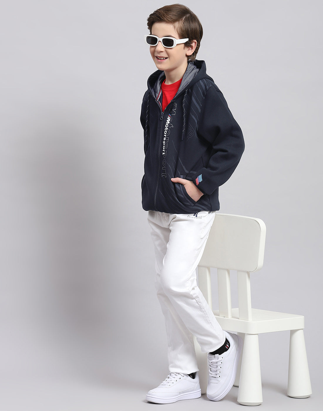 Boys Navy Blue Printed Hooded Full Sleeve Sweatshirt