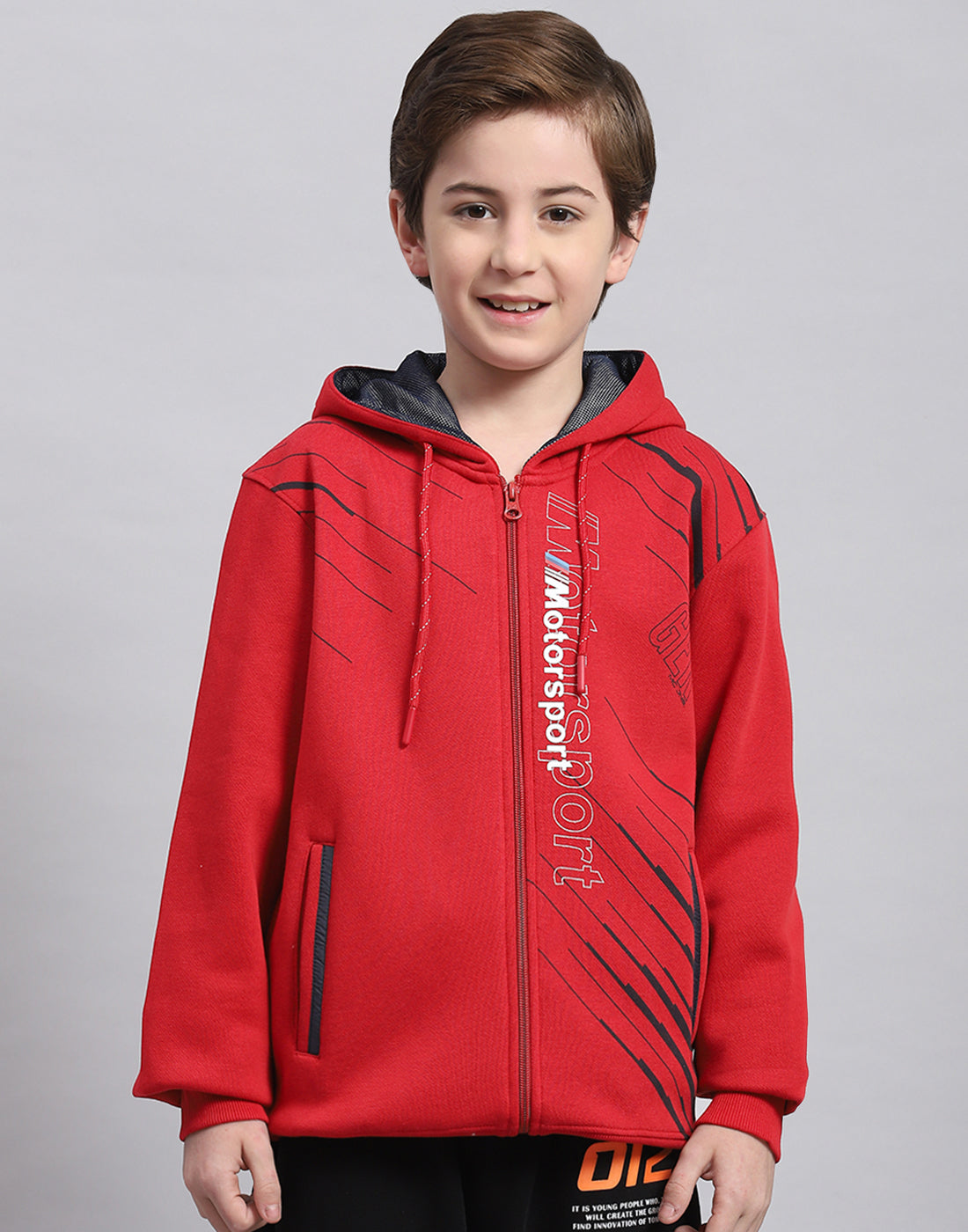 Boys Red Printed Hooded Full Sleeve Sweatshirt