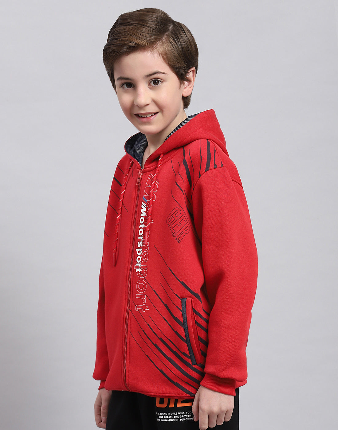 Boys Red Printed Hooded Full Sleeve Sweatshirt