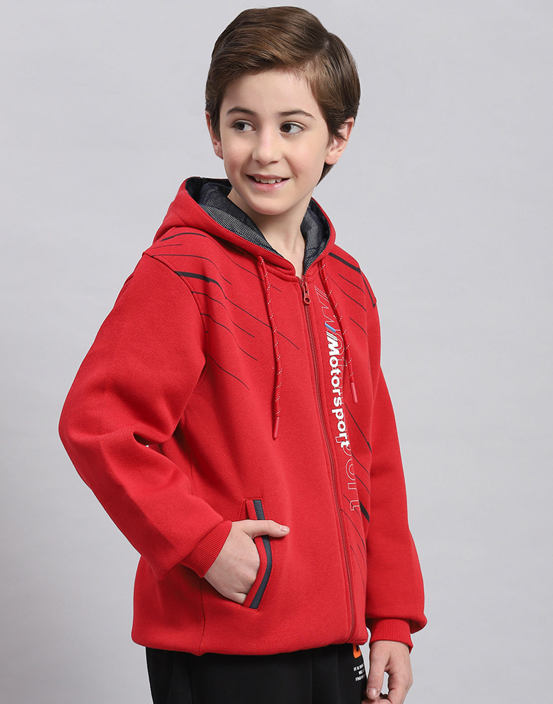 Boys Red Printed Hooded Full Sleeve Sweatshirt