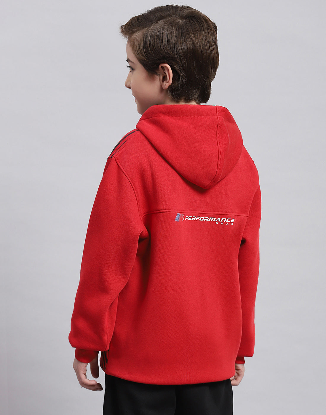 Boys Red Printed Hooded Full Sleeve Sweatshirt