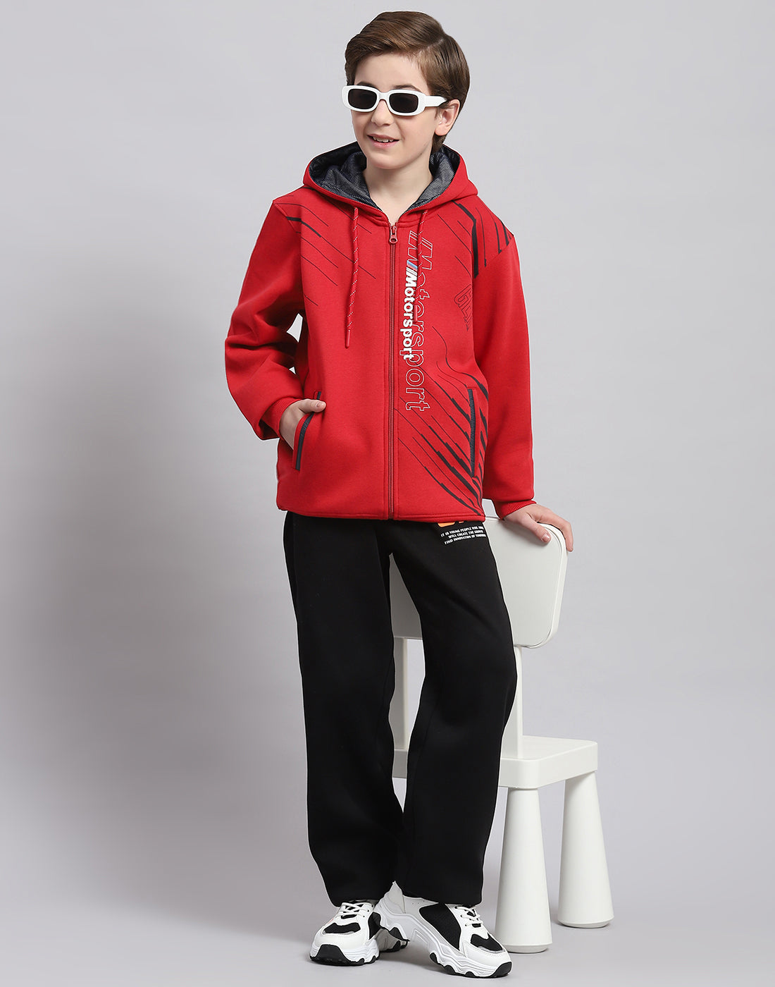 Boys Red Printed Hooded Full Sleeve Sweatshirt