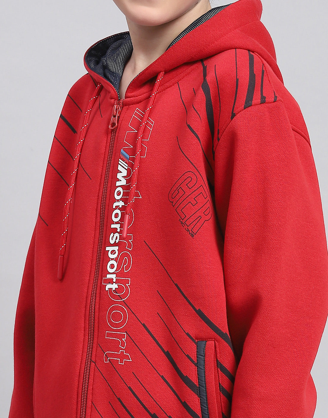 Boys Red Printed Hooded Full Sleeve Sweatshirt