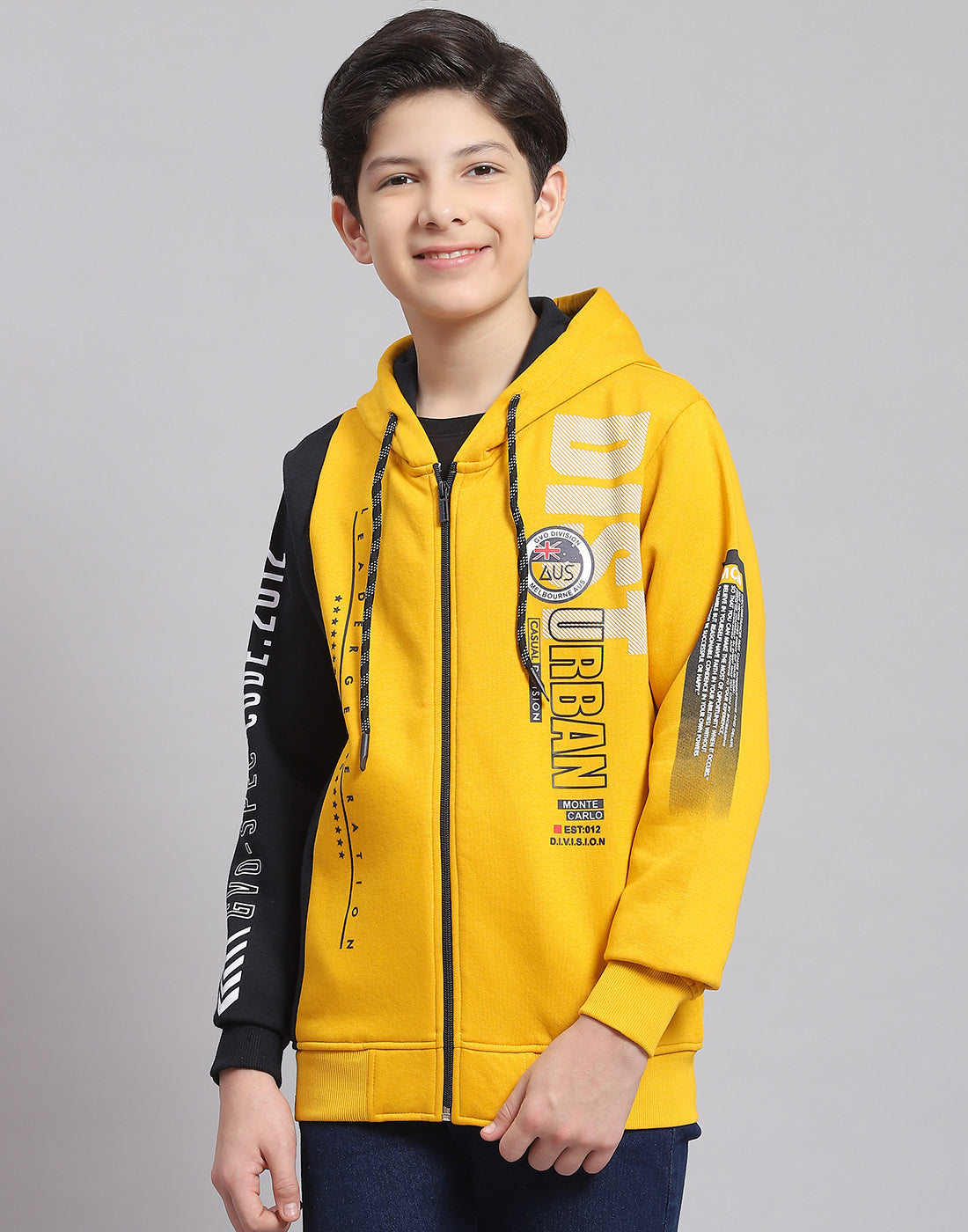 Boys Yellow Printed Hooded Full Sleeve Sweatshirt