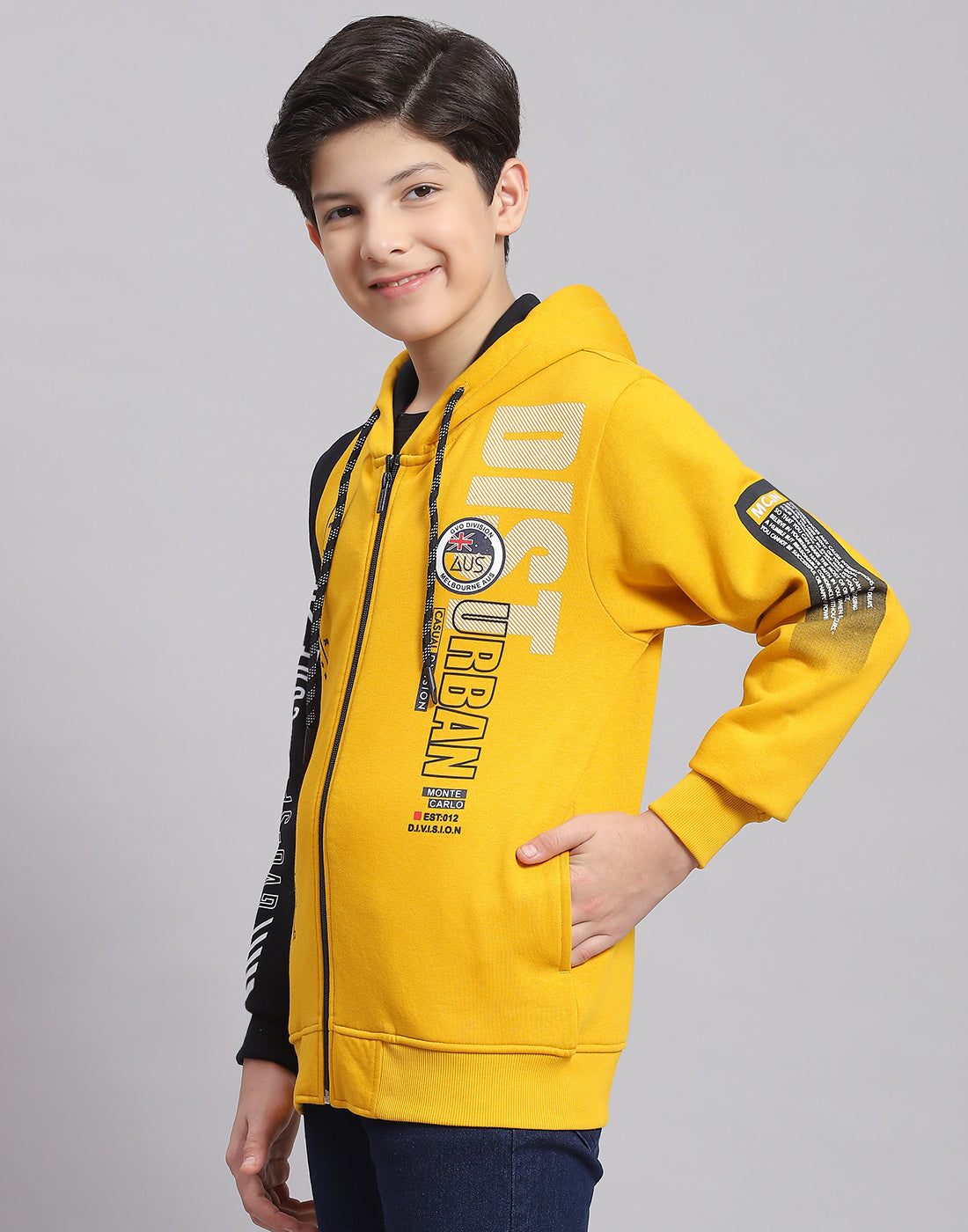 Boys Yellow Printed Hooded Full Sleeve Sweatshirt