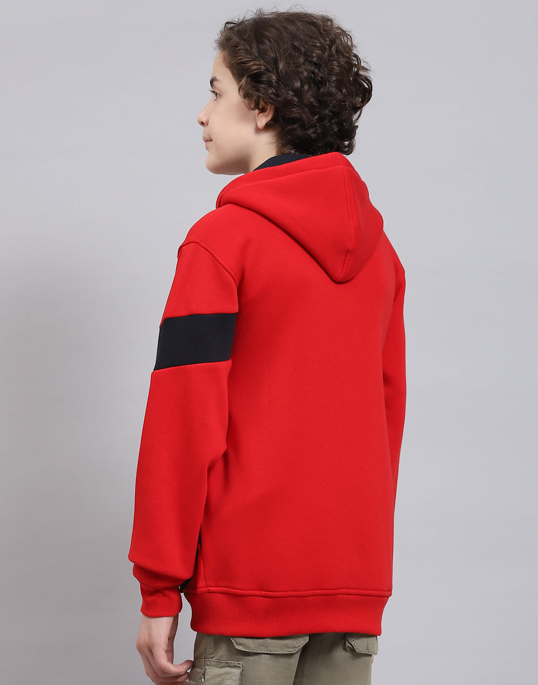 Boys Red Printed Hooded Full Sleeve Sweatshirt