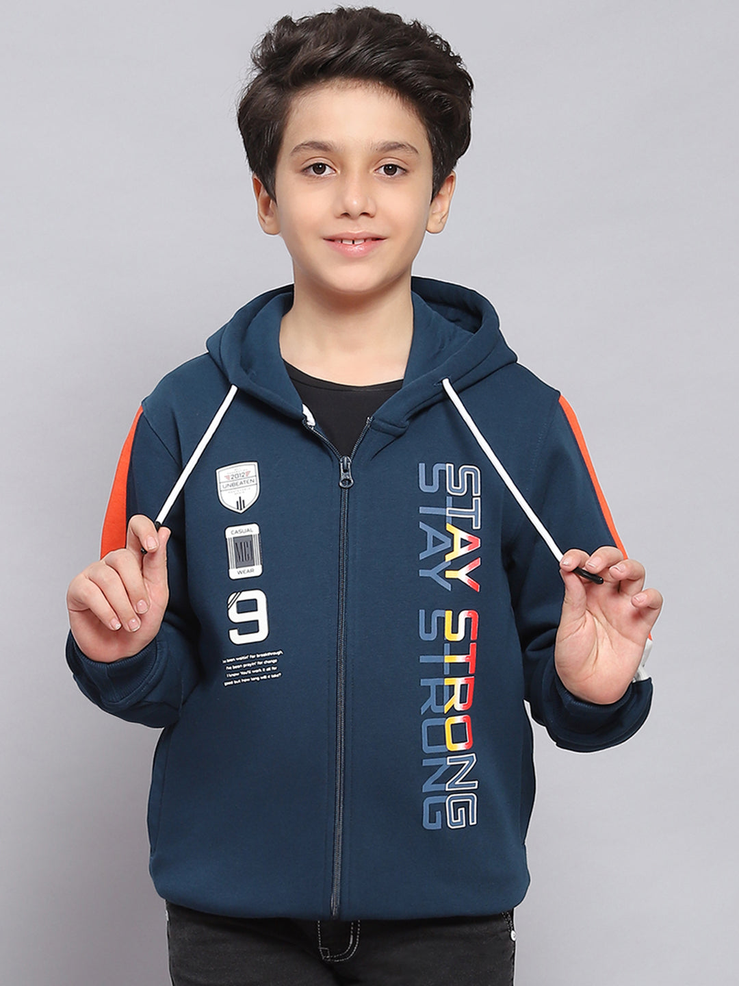 Boys Teal Blue Printed Hooded Full Sleeve Sweatshirt