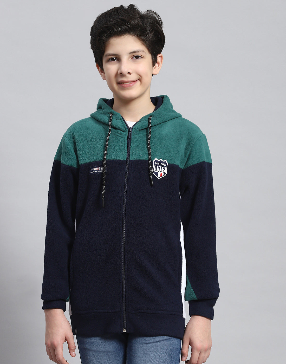 Boys Teal Blue Solid Hooded Full Sleeve Sweatshirt