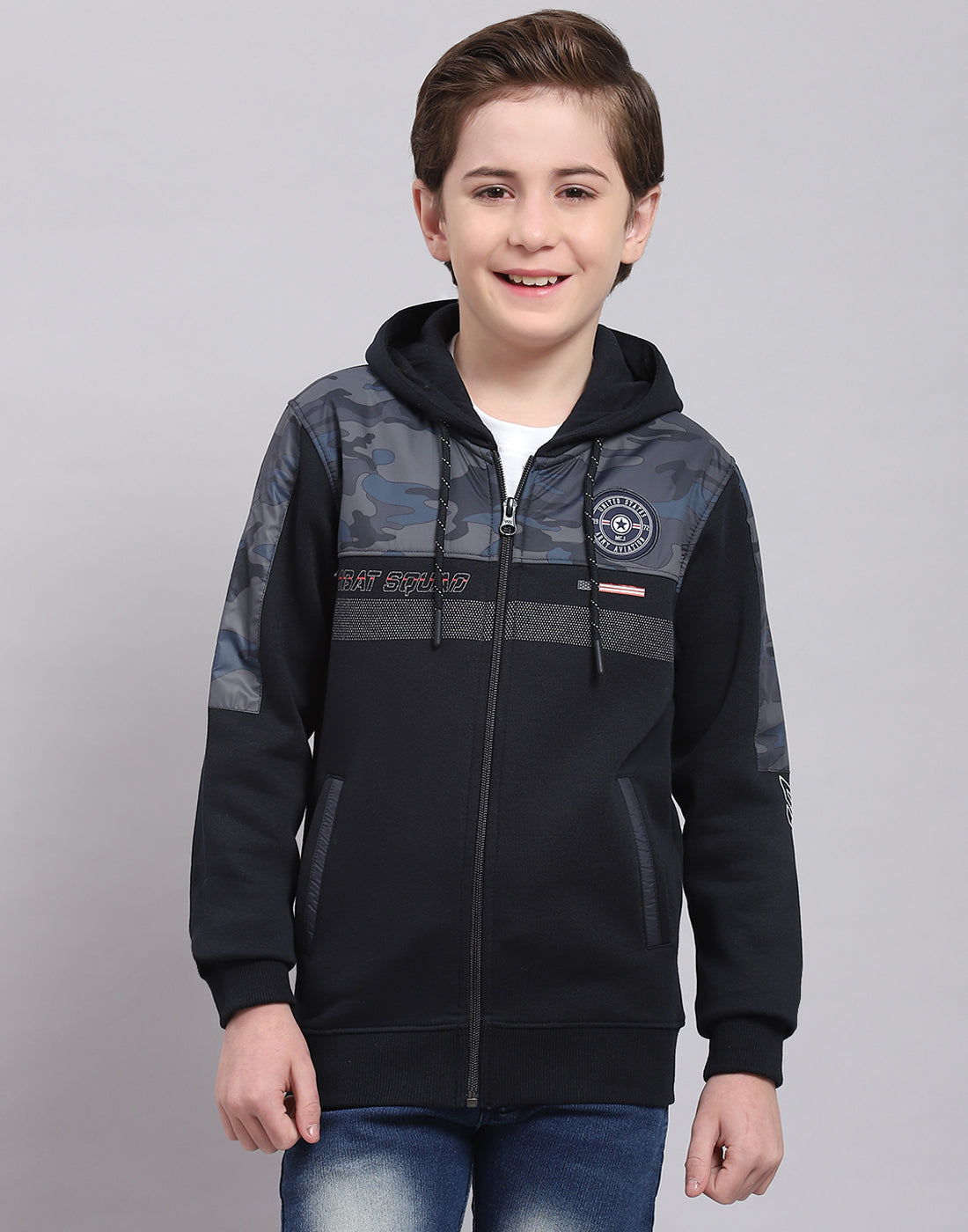 Boys Navy Blue Printed Hooded Full Sleeve Sweatshirt