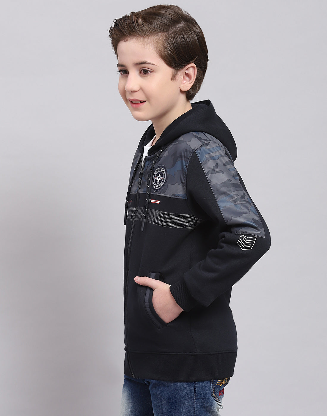 Boys Navy Blue Printed Hooded Full Sleeve Sweatshirt