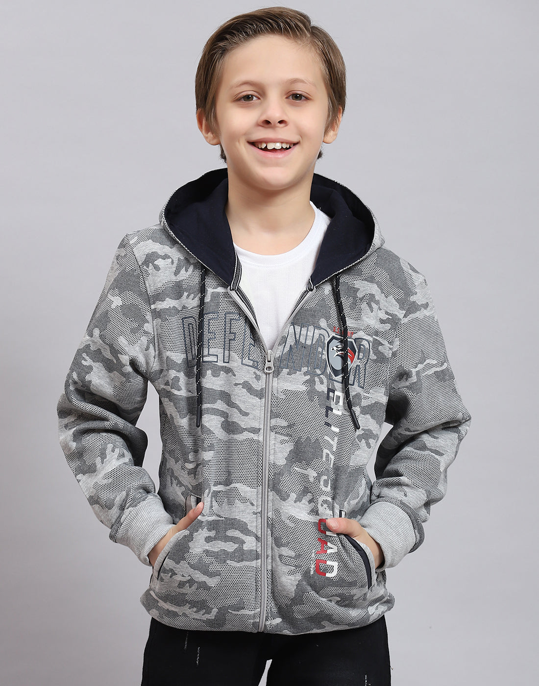Boys Grey Melange Printed Hooded Full Sleeve Sweatshirt
