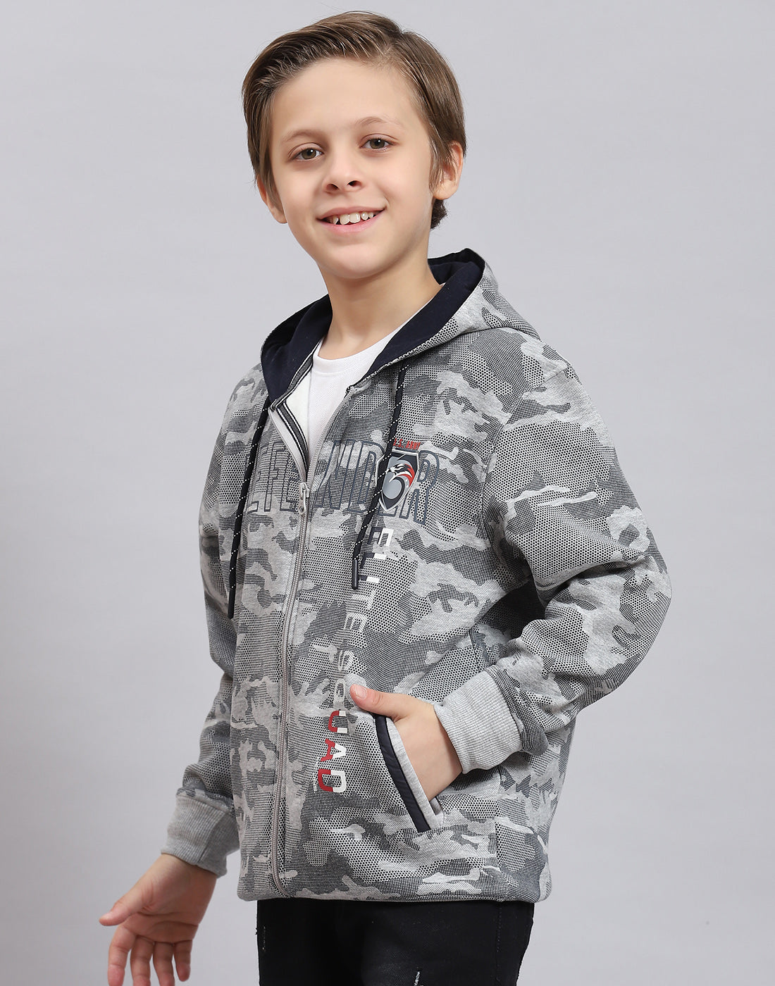 Boys Grey Melange Printed Hooded Full Sleeve Sweatshirt