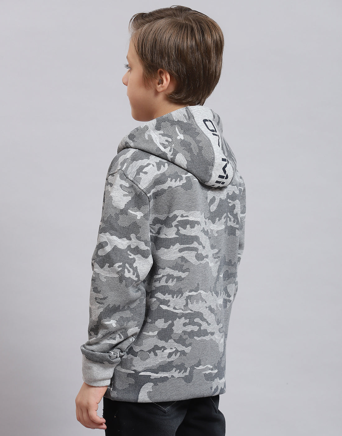Boys Grey Melange Printed Hooded Full Sleeve Sweatshirt