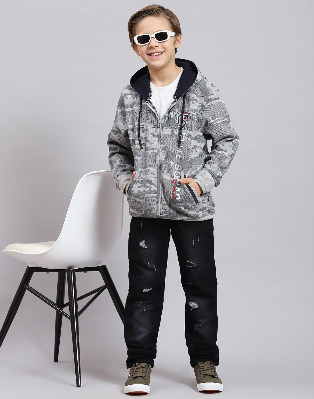 Boys Grey Melange Printed Hooded Full Sleeve Sweatshirt