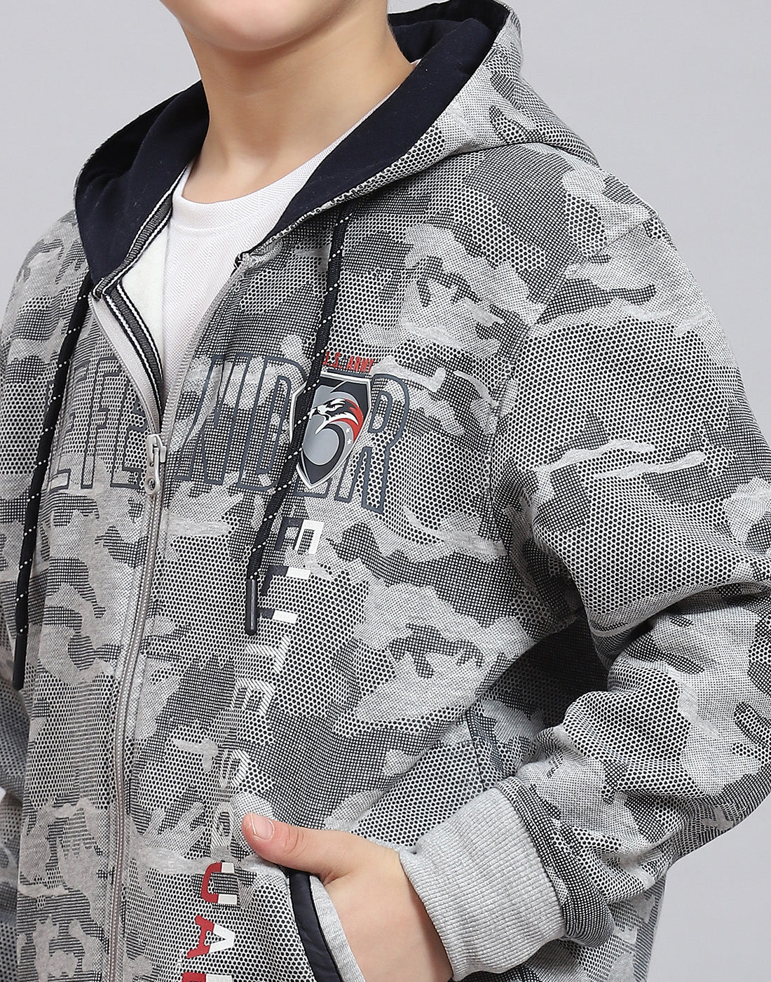 Boys Grey Melange Printed Hooded Full Sleeve Sweatshirt