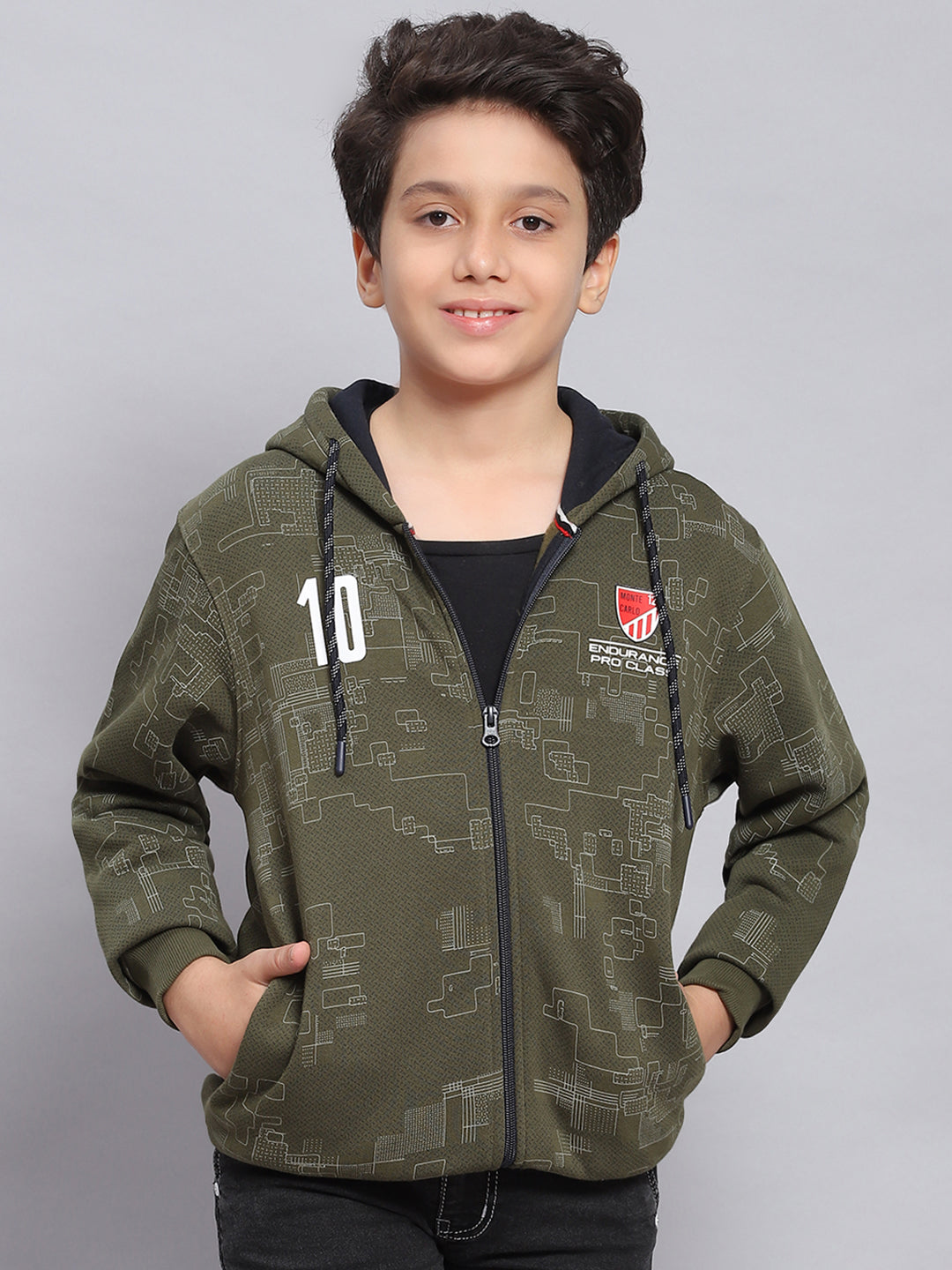 Boys Olive Printed Hooded Full Sleeve Sweatshirt