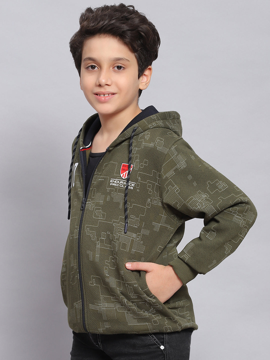 Boys Olive Printed Hooded Full Sleeve Sweatshirt