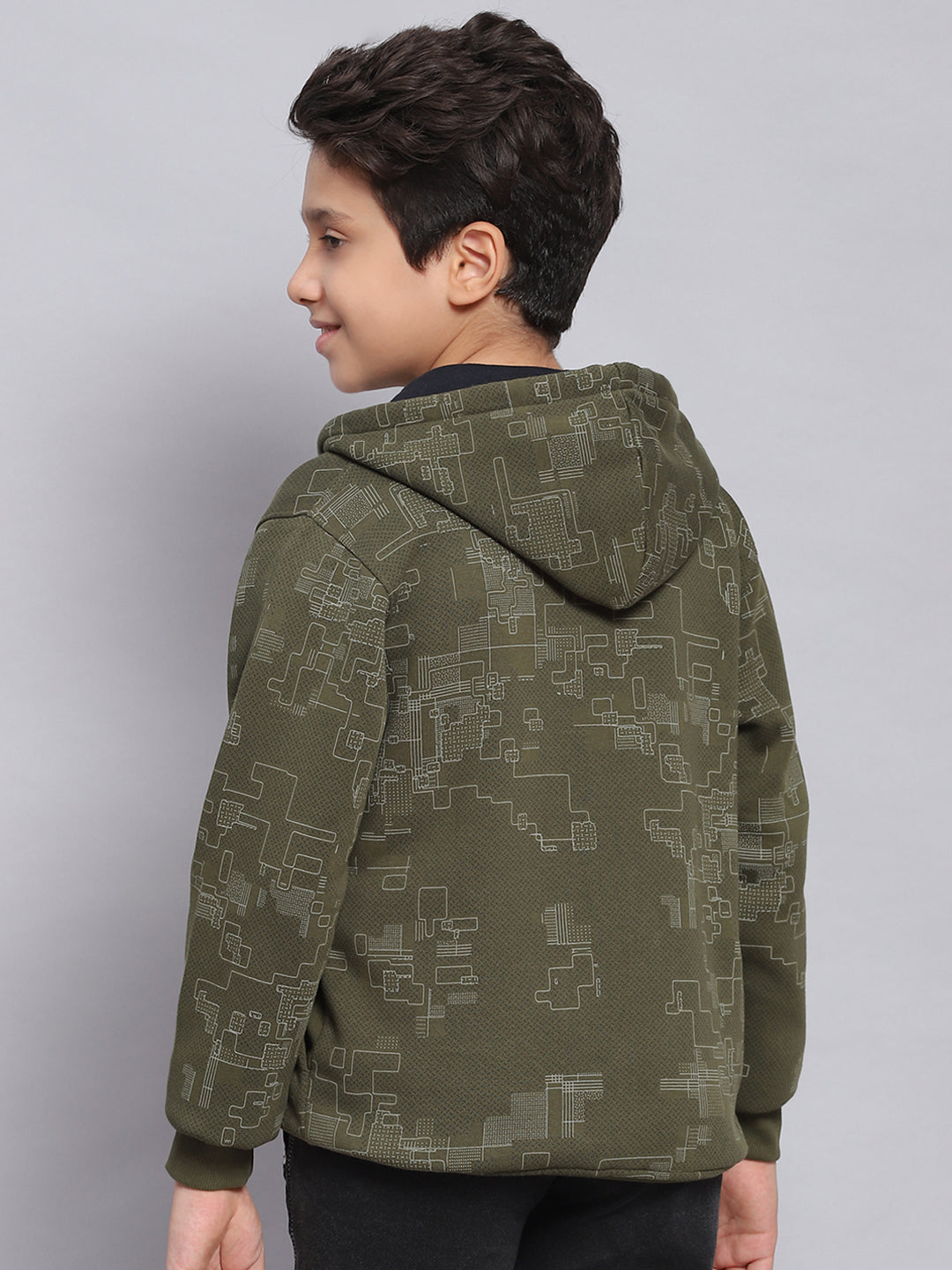 Boys Olive Printed Hooded Full Sleeve Sweatshirt