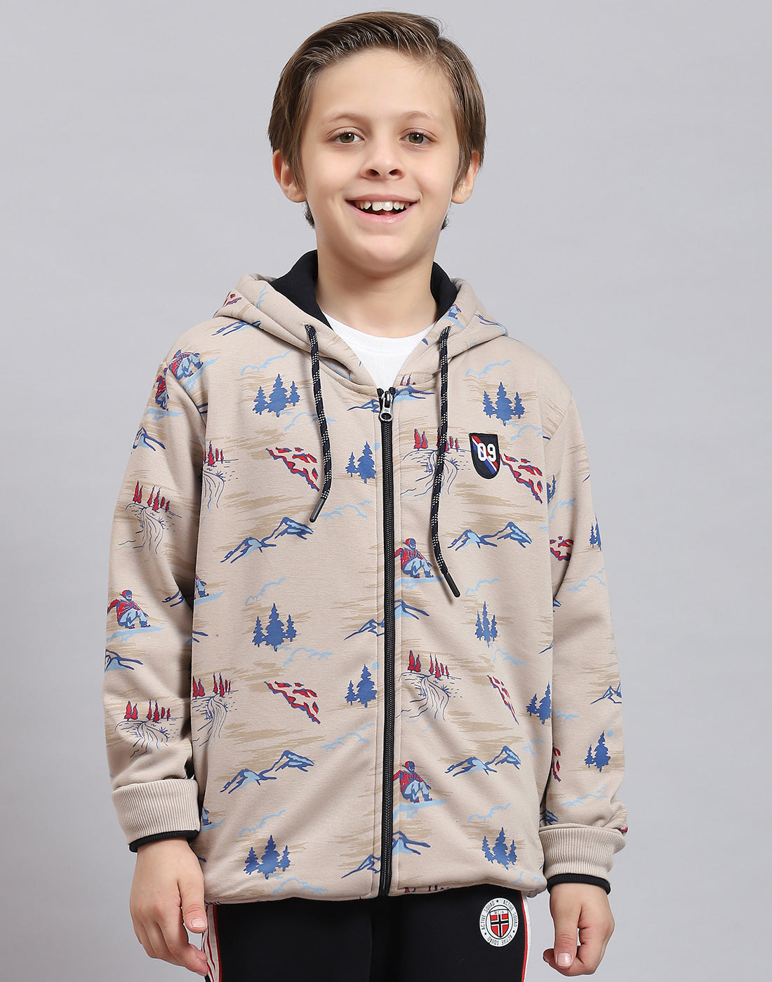 Boys Beige Printed Hooded Full Sleeve Sweatshirt