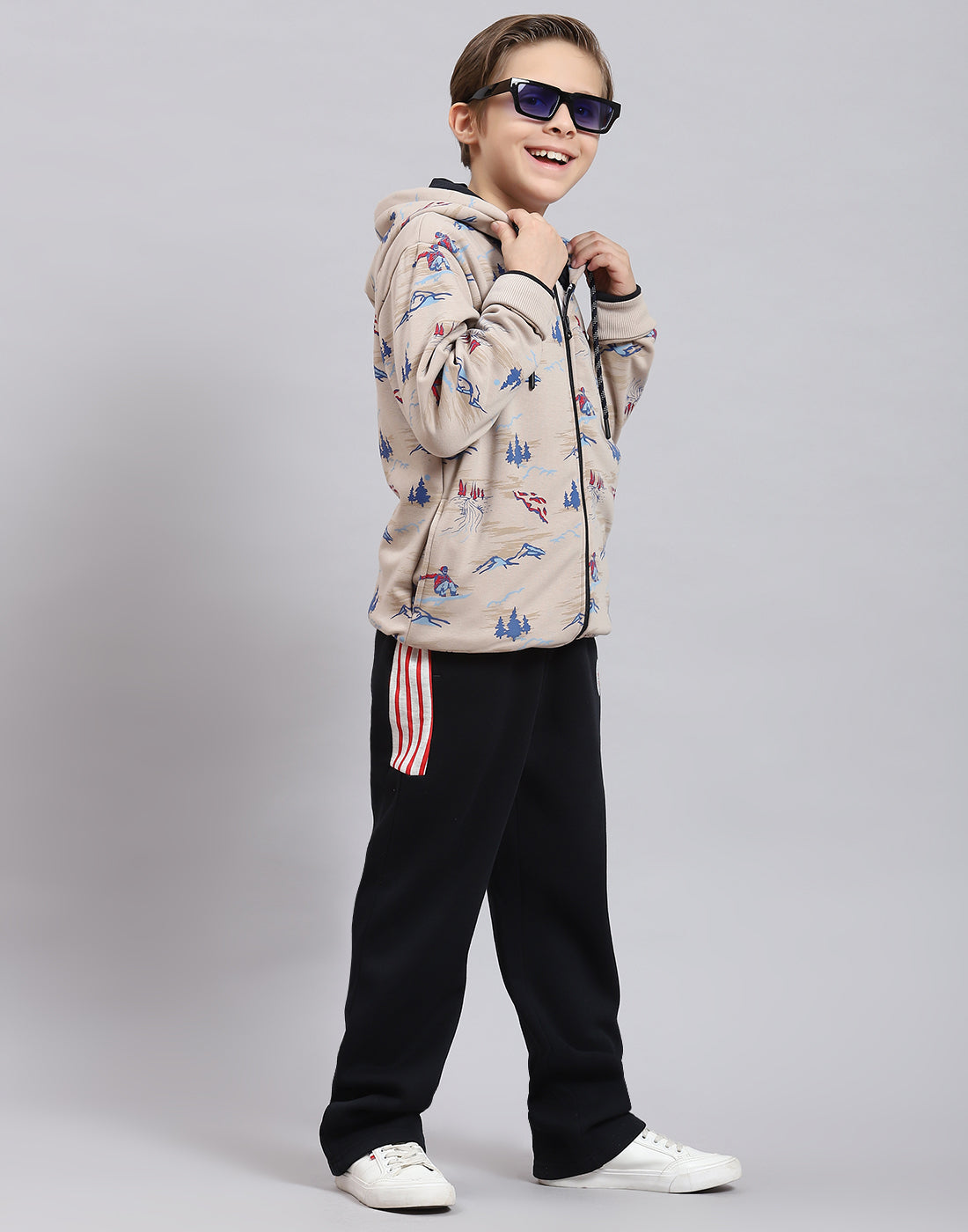 Buy Boys Beige Printed Hooded Full Sleeve Sweatshirt Online in