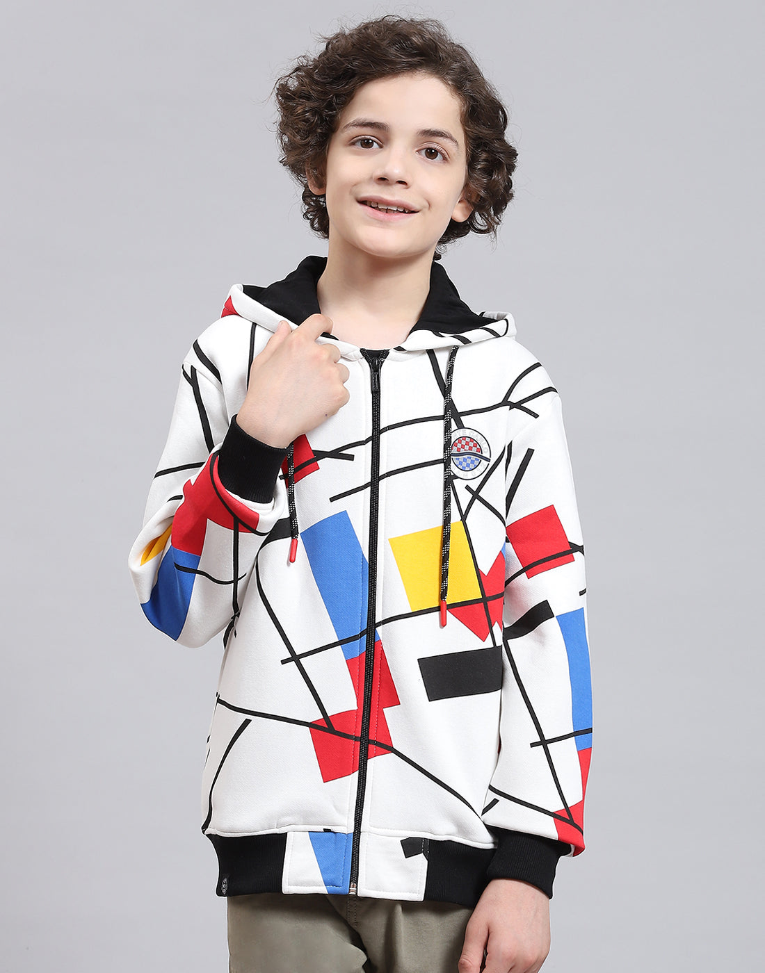 Boys Off White Printed Hooded Full Sleeve Sweatshirt