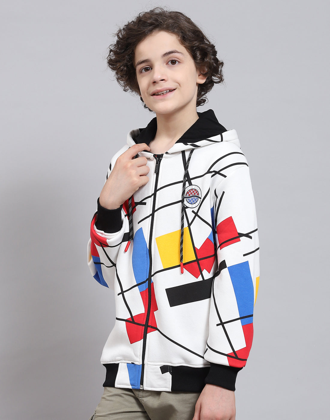 Boys Off White Printed Hooded Full Sleeve Sweatshirt