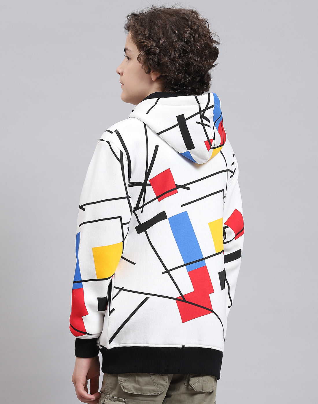 Boys Off White Printed Hooded Full Sleeve Sweatshirt