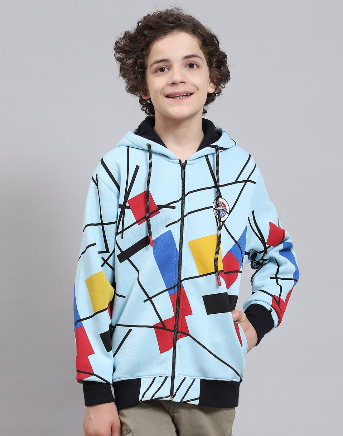 Boys Blue Printed Hooded Full Sleeve Sweatshirt