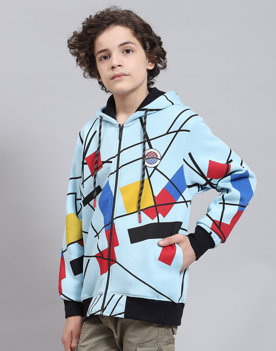 Boys Blue Printed Hooded Full Sleeve Sweatshirt