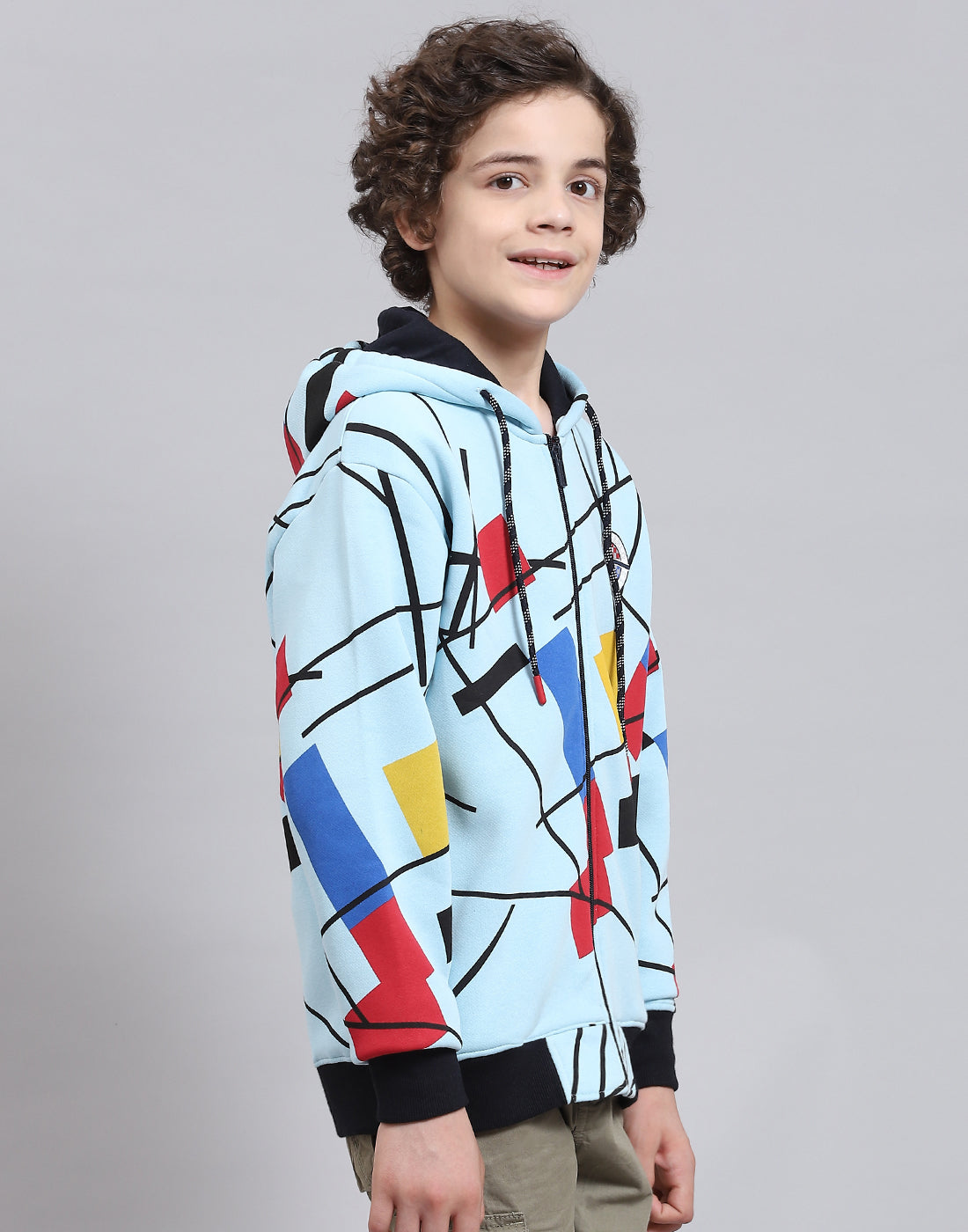 Boys Blue Printed Hooded Full Sleeve Sweatshirt