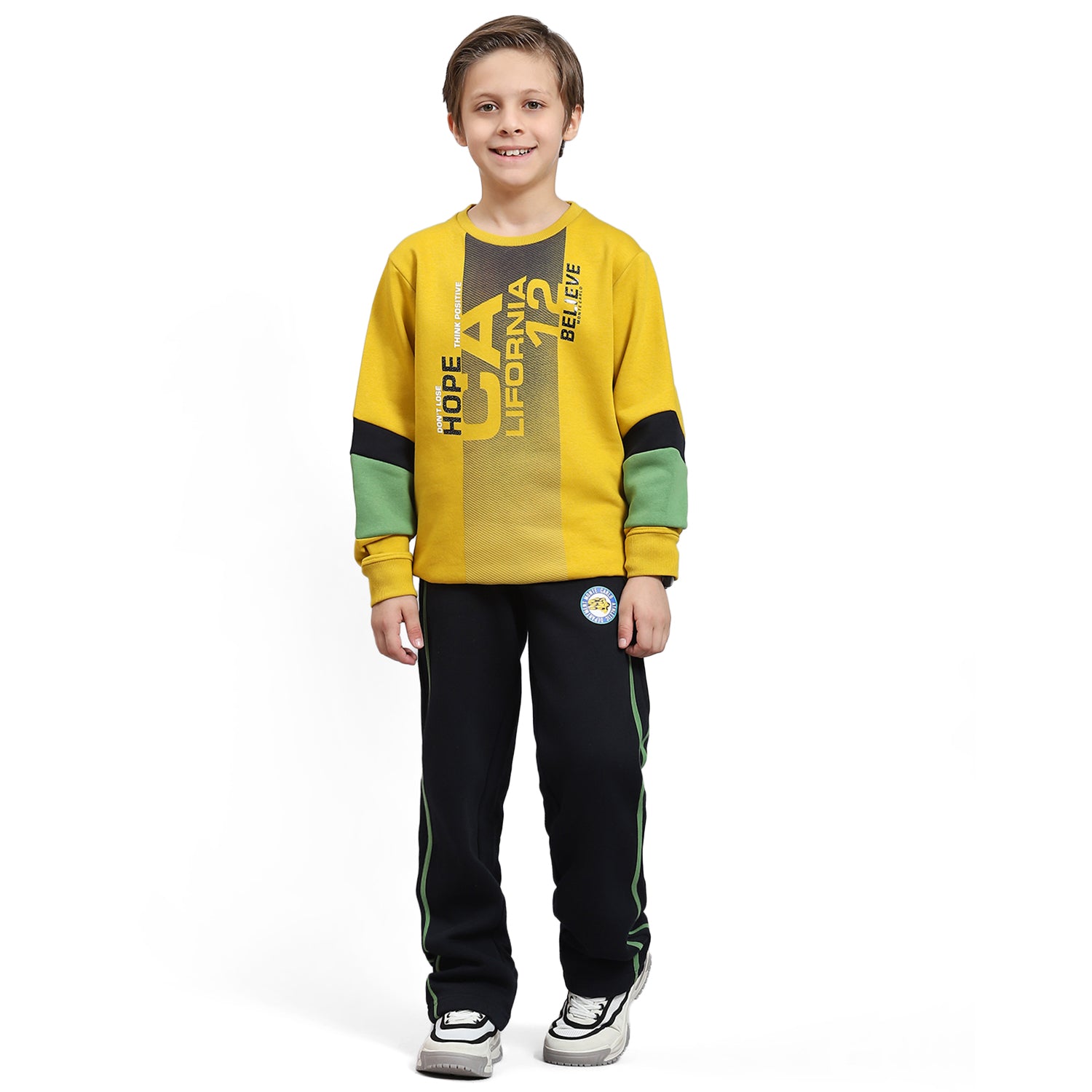 Boys Yellow Printed Round Neck Full Sleeve Tracksuit