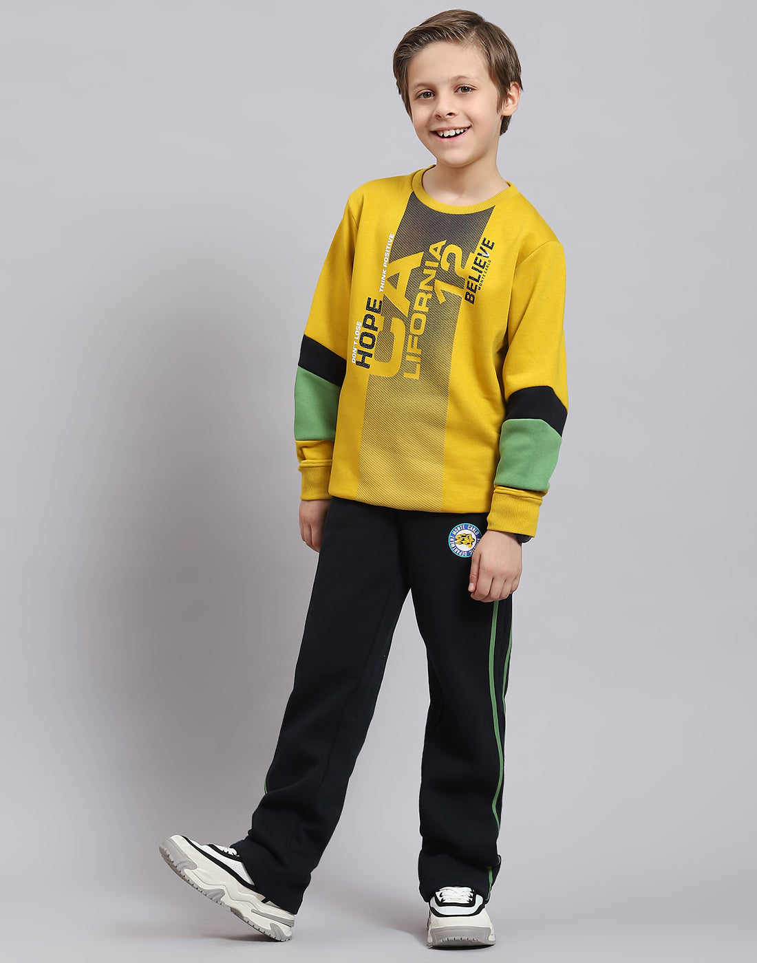 Boys Yellow Printed Round Neck Full Sleeve Tracksuit