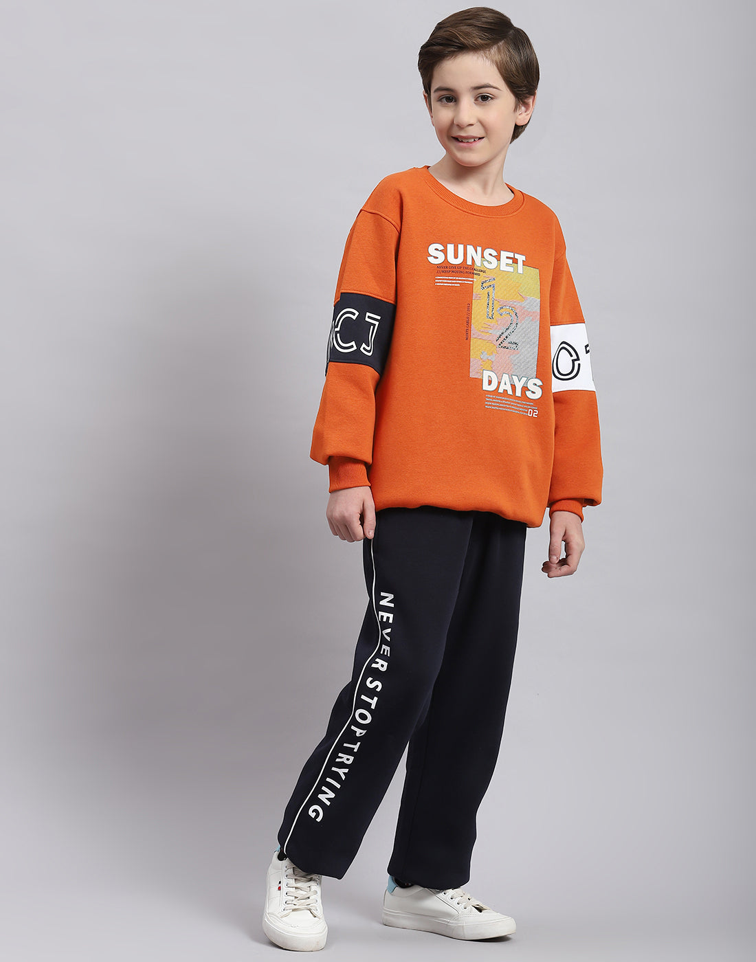 Boys Rust Printed Round Neck Full Sleeve Tracksuit