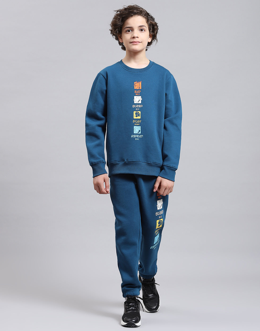 Boys Teal Blue Printed Round Neck Full Sleeve Tracksuits