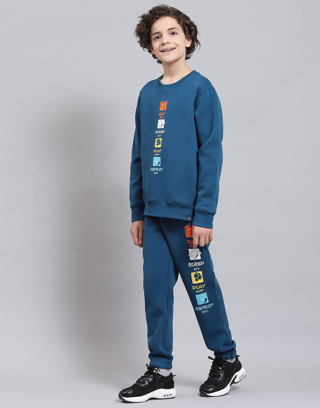 Boys Teal Blue Printed Round Neck Full Sleeve Tracksuits