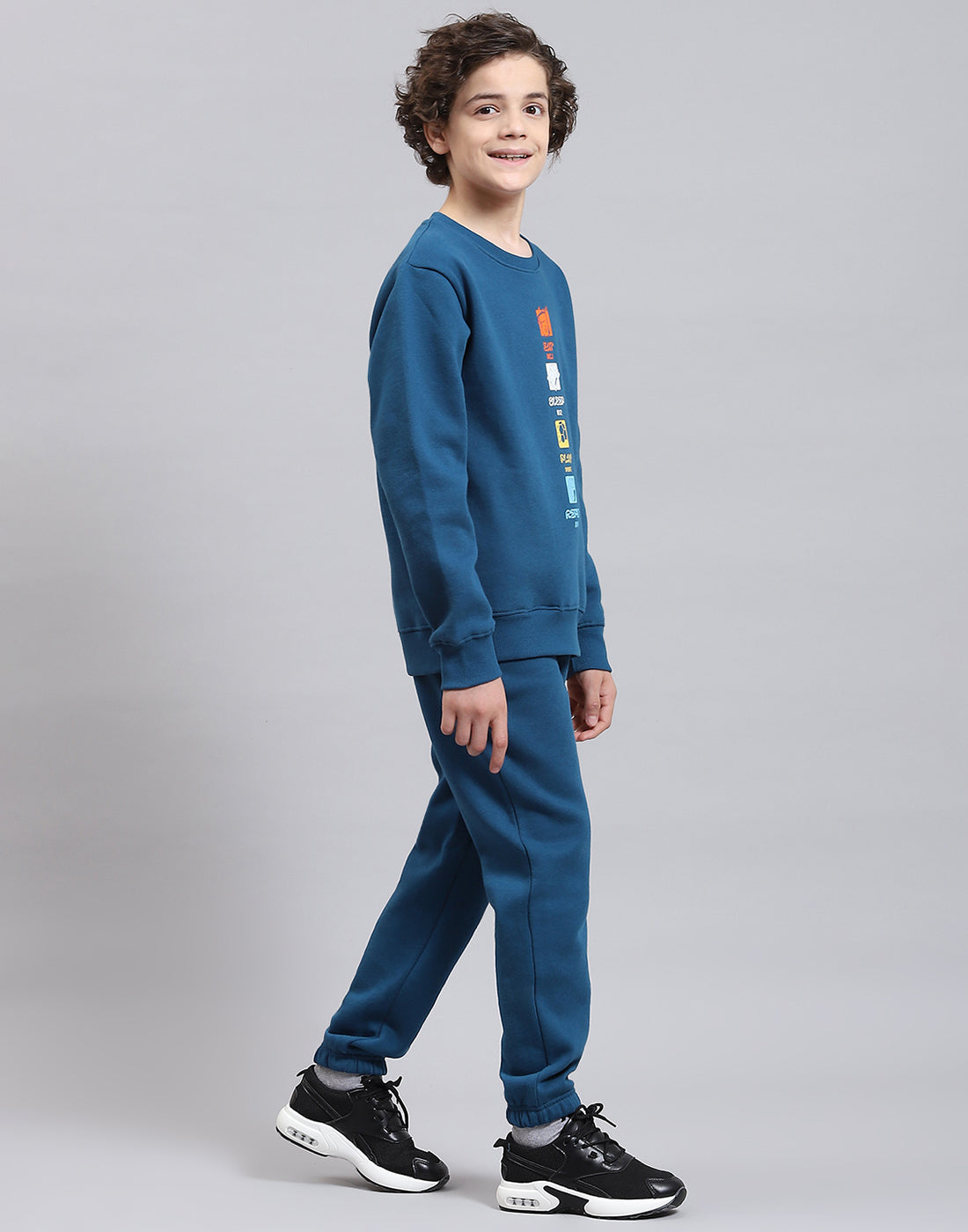 Boys Teal Blue Printed Round Neck Full Sleeve Tracksuits
