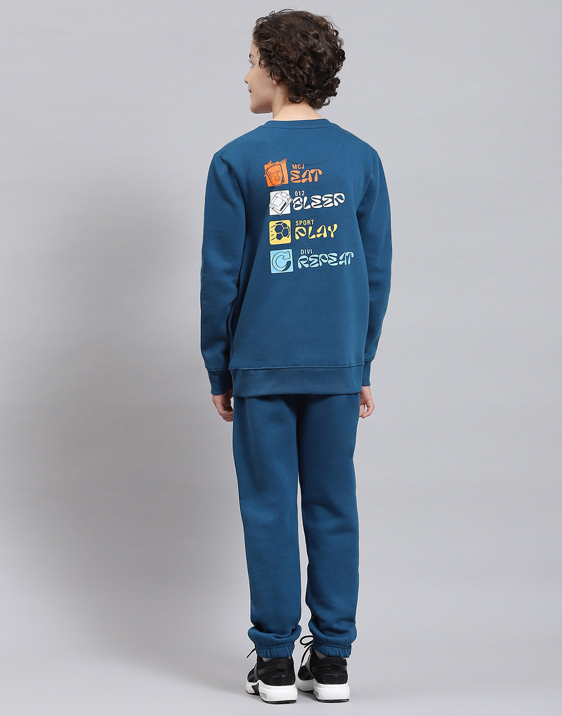 Boys Teal Blue Printed Round Neck Full Sleeve Tracksuits