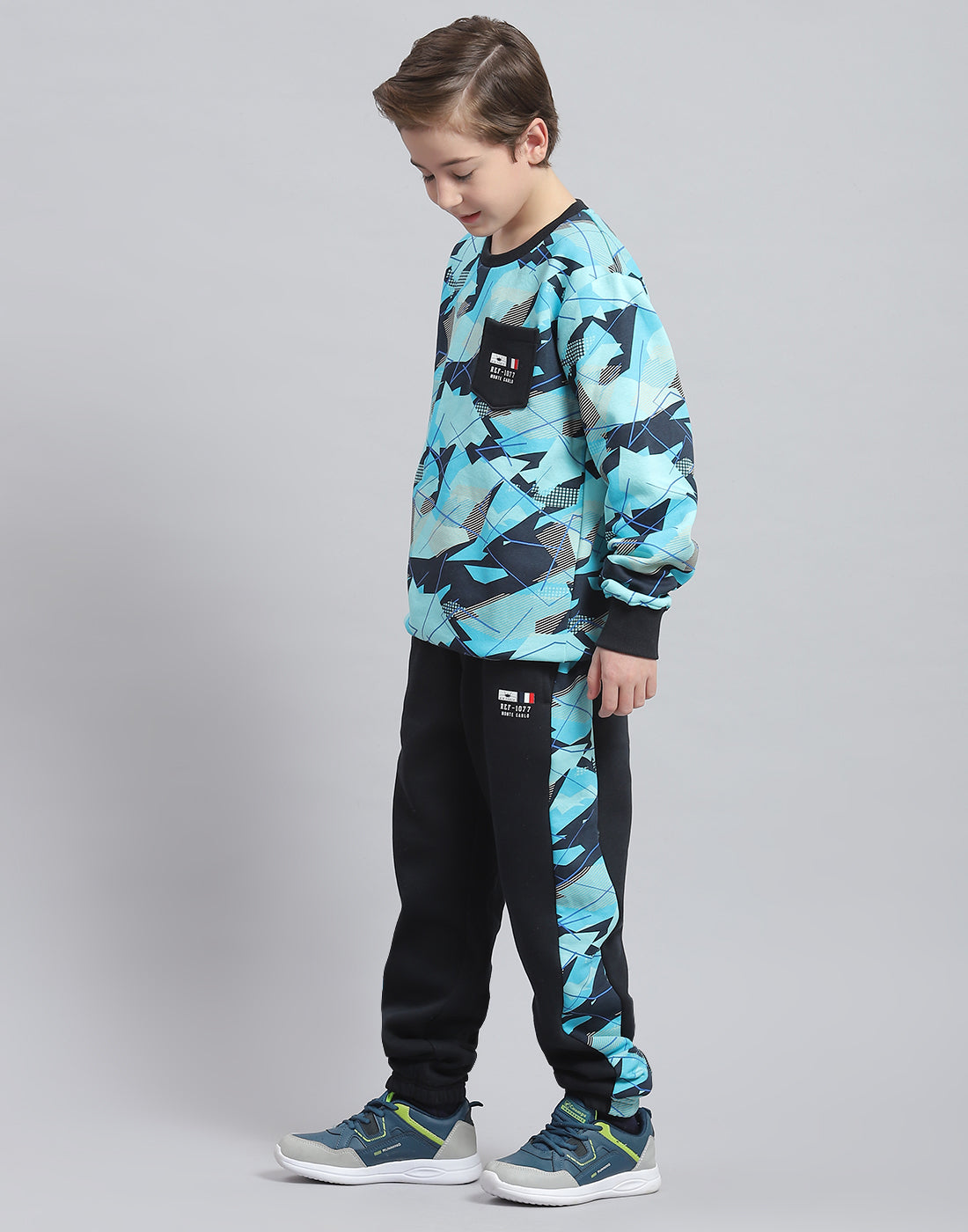 Boys Aqua Blue Printed Round Neck Full Sleeve Tracksuit